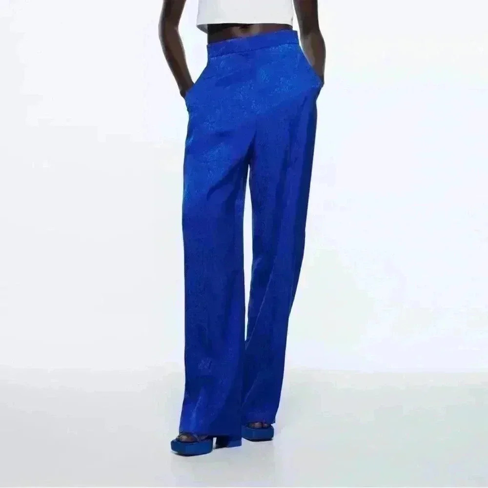Zara Blue Jacquard Menswear Full Length Wide Leg Pants